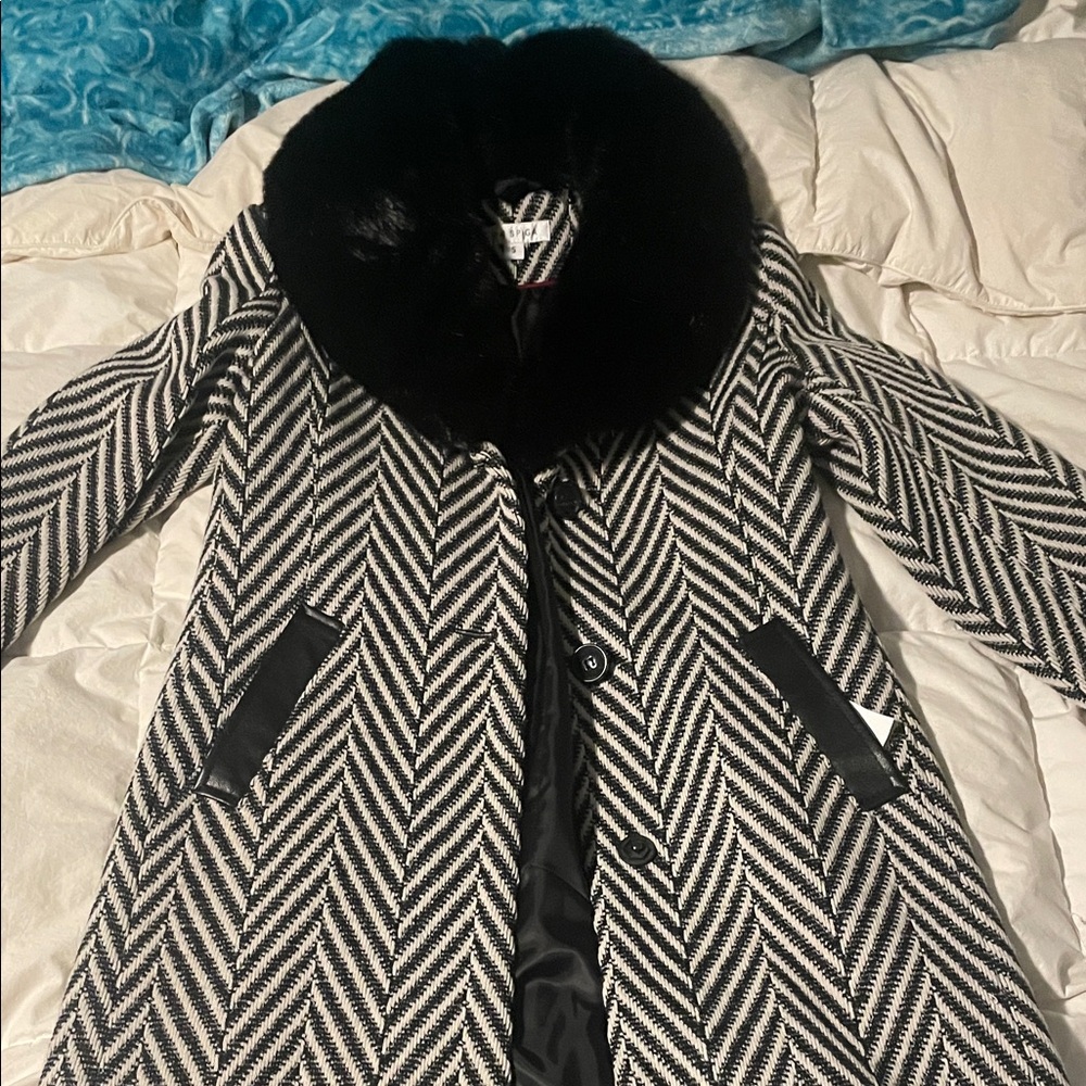 Via Spiga Black and White Chevron Pea Coat
